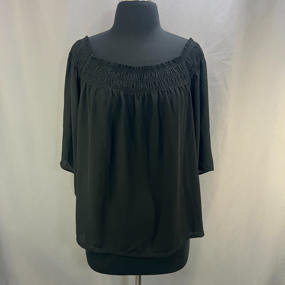 Loft Off Shoulder Blouse Top Womens S Black Smocked Neck 3/4 Sleeve Minimalist